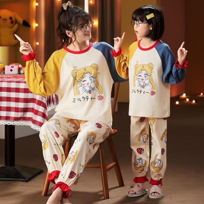 Pyjama pour enfants deux pièces mignon bande dessinée en coton bouquet de pieds dentelle
