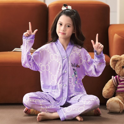 Pyjama pour enfants deux pièces Ice Silk manches longues cardigan violet