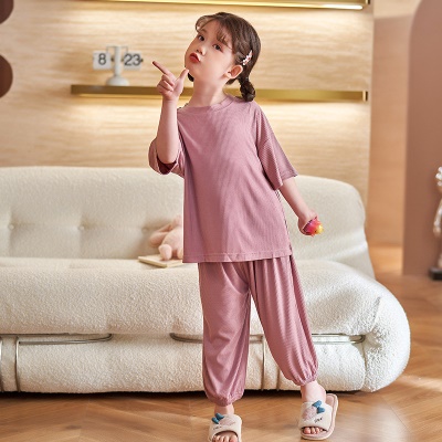 Pyjama 2 pièces pour enfants rayures en tissu modal de couleur unie