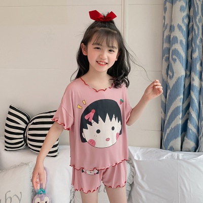 Pyjama pour enfants deux pièces manches courtes short avec bord ondulé rose dessin animé imprimé