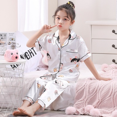 Pyjama pour enfants 2 pièces Ice Silk manches courtes cerise boulettes blanches