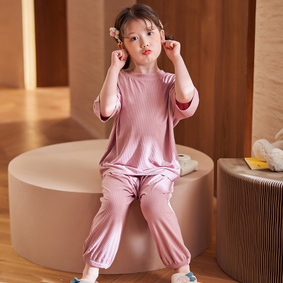 Pyjama 2 pièces pour enfants rayures en tissu modal de couleur unie