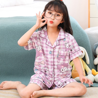 Pyjama pour enfants deux pièces à cardigan à carreaux violets à manches courtes et revers