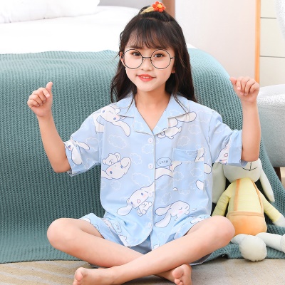 Enfants pyjama deux pièces mignon dessin animé lait soie coton bleu