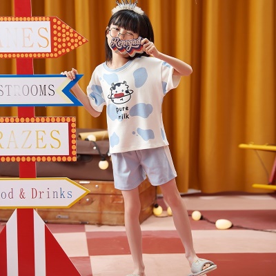 Pyjama 2 pièces pour enfants motif vache bleu + coton blanc