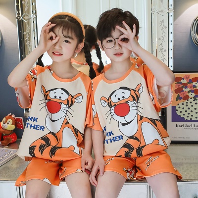 Pyjama pour enfants deux pièces orange mignon dessin animé sauter tigre