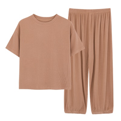 Pyjama 2 pièces pour enfants Tissu modal Ligne verticale Marron