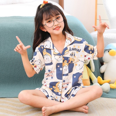Pyjama pour enfants 2 pièces dessin animé motif cardigan manches courtes lait soie coton