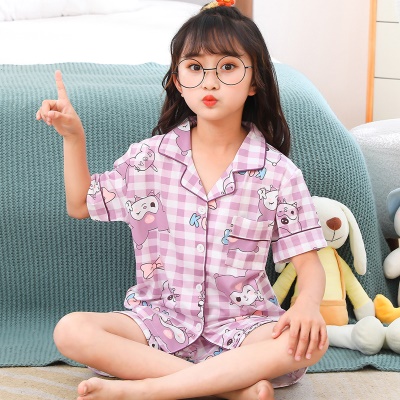 Pyjama pour enfants deux pièces à cardigan à carreaux violets à manches courtes et revers