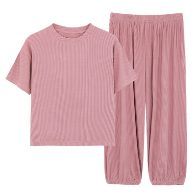 Pyjama 2 pièces pour enfants rayures en tissu modal de couleur unie