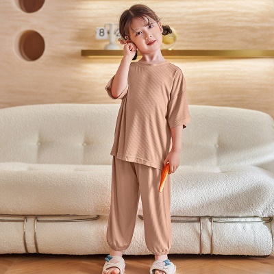 Pyjama 2 pièces pour enfants Tissu modal Ligne verticale Marron