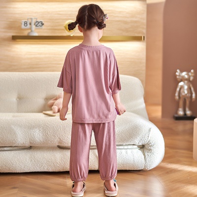 Pyjama 2 pièces pour enfants rayures en tissu modal de couleur unie