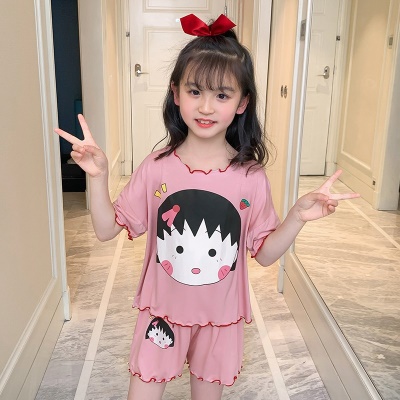 Pyjama pour enfants deux pièces manches courtes short avec bord ondulé rose dessin animé imprimé