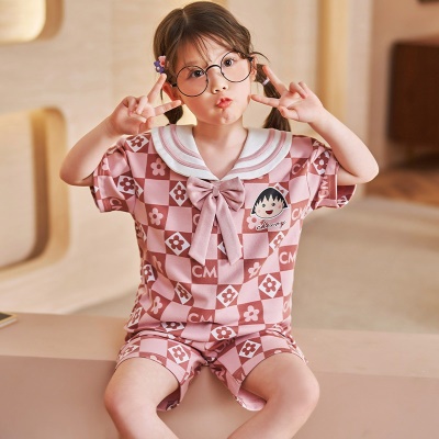 Pyjama 2 pièces pour enfants en coton à carreaux rose