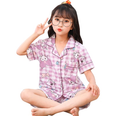 Pyjama pour enfants deux pièces à cardigan à carreaux violets à manches courtes et revers