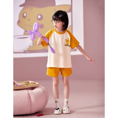 Pyjama 2 pièces pour enfants en coton à motif Pikachu jaune