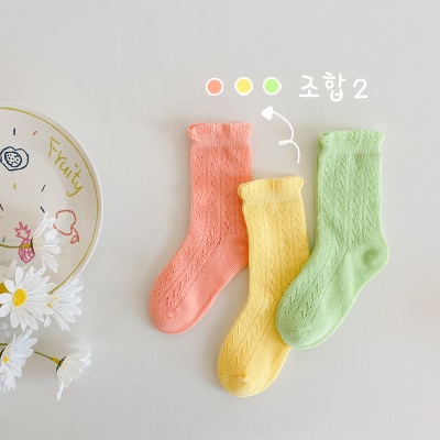 Chaussettes pour enfants 3 pièces couleur unie dentelle maille respirante