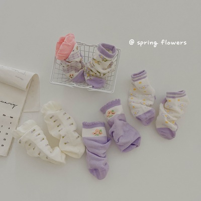 Set de 5 pcs de chaussettes pour enfants en maille fleurie, dentelle en coton peigné