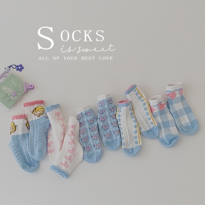 Set de 5 pcs de chaussettes pour enfants en maille fleurie, dentelle en coton peigné