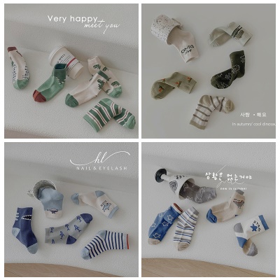 Chaussettes pour enfants ensemble de cinq pièces de dessin animé animal couleur rayures carreaux coton