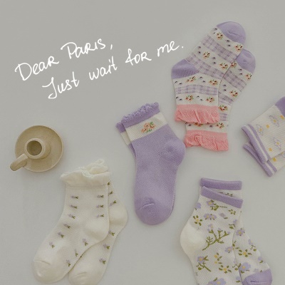 Set de 5 pcs de chaussettes pour enfants en maille fleurie, dentelle en coton peigné
