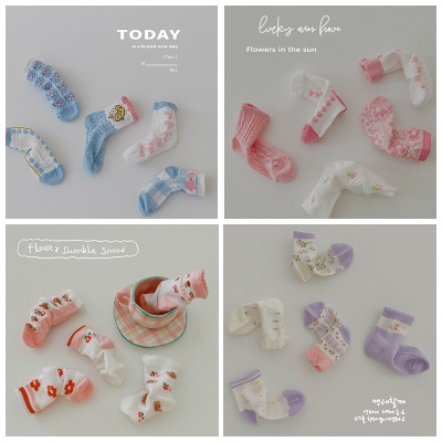 Set de 5 pièces de chaussettes pour filles avec dentelle respirante maille imprimée carreaux