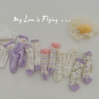 Set de 5 pcs de chaussettes pour enfants en maille fleurie, dentelle en coton peigné