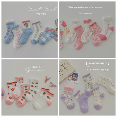 Set de 5 pièces de chaussettes pour filles avec dentelle respirante maille imprimée carreaux