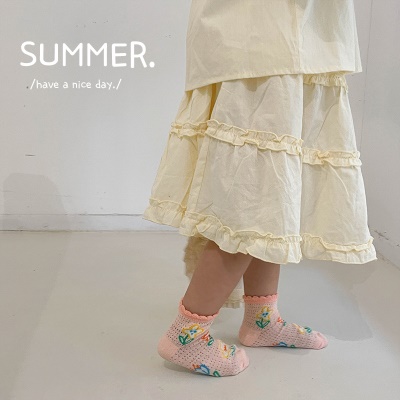 Chaussettes pour enfants ensemble de cinq pièces dentelle fleurs carreaux cartoon respirant maille