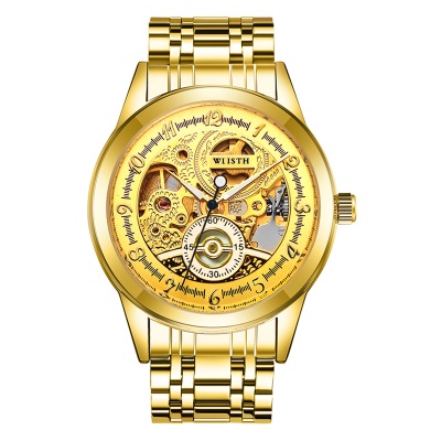 WLISTH montres pour les hommes doré entièrement automatique design creux mécanique