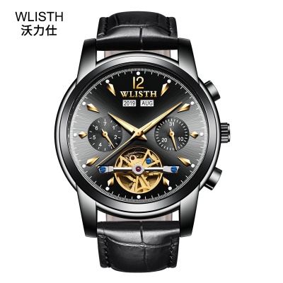WLISTH montres pour les hommes en acier/bracelet en cuir double calendrier ajourée volant en spirale