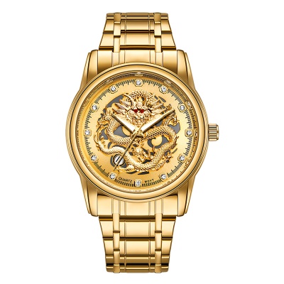 YASHIDUN Montre pour les hommes Dragon d'or modèle en acier avec des aiguilles lumineuses