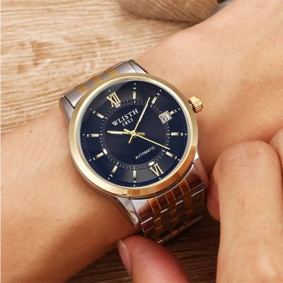 WLISTH Montre pour hommes avec bracelet en cuir, boucle Automatique - Mécanique - Double Squelette