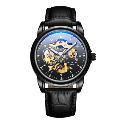 Montre mécanique pour hommes en cuir véritable imperméable à l'eau lumineuse