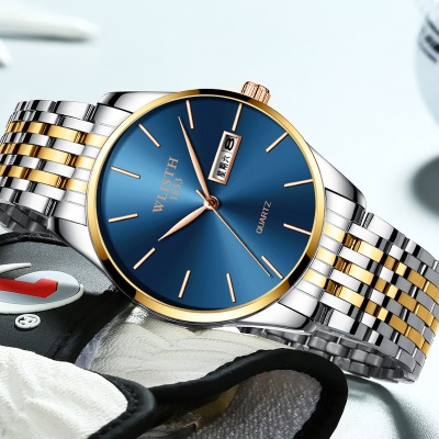 Montre à quartz étanche avec bracelet en cuir pour hommes