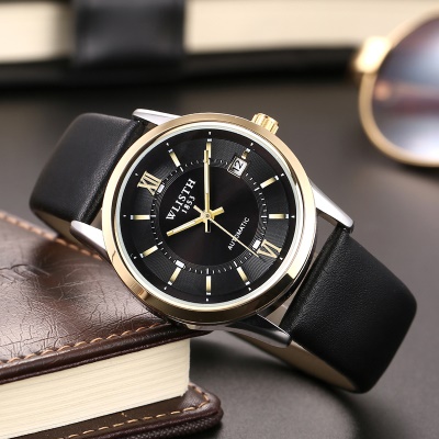WLISTH Montre pour hommes avec bracelet en cuir, boucle Automatique - Mécanique - Double Squelette