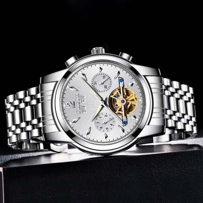 WLISTH montres pour les hommes en acier/bracelet en cuir double calendrier ajourée volant en spirale