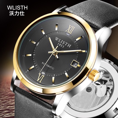 WLISTH Montre pour hommes avec bracelet en cuir, boucle Automatique - Mécanique - Double Squelette