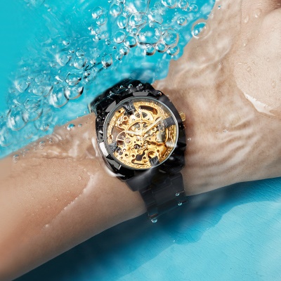 WLISTH montres pour hommes ajourée et transparente bande d'acier mécanique