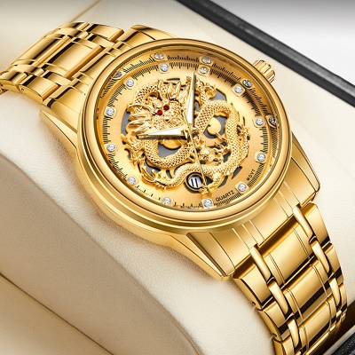YASHIDUN Montre pour les hommes Dragon d'or modèle en acier avec des aiguilles lumineuses