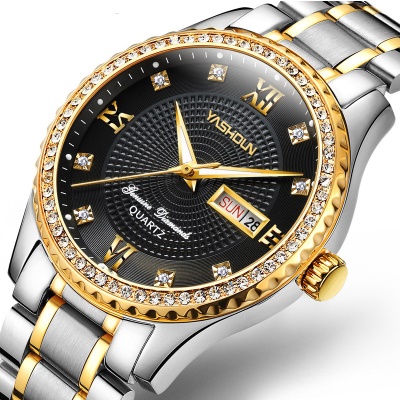 Montre homme incrusté de diamants en acier avec bande étanche à l'eau