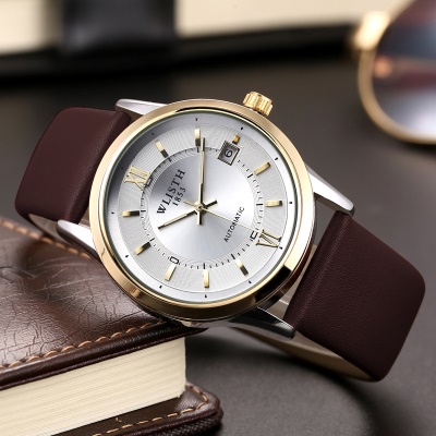 WLISTH Montre pour hommes avec bracelet en cuir, boucle Automatique - Mécanique - Double Squelette