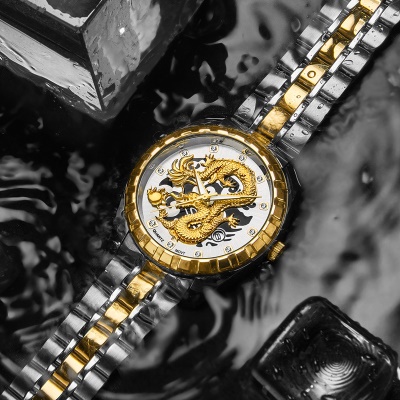 Golden Dragon montre pour les hommes en acier bracelet montre à quartz