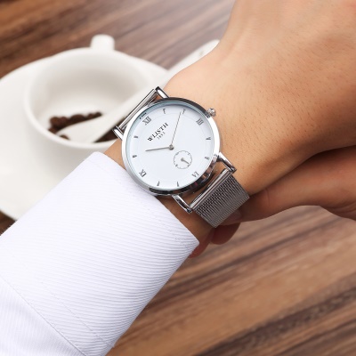 WLISTH montre pour les hommes maille bande en acier/courroie en cuir petite seconde disque