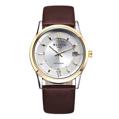WLISTH Montre pour hommes avec bracelet en cuir, boucle Automatique - Mécanique - Double Squelette