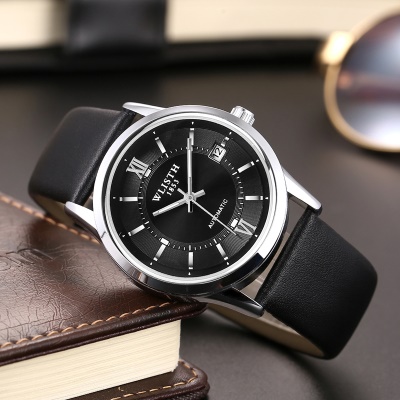 WLISTH Montre pour hommes avec bracelet en cuir, boucle Automatique - Mécanique - Double Squelette