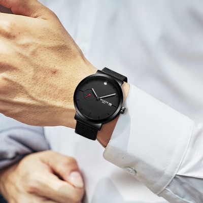 WLISTH montres pour les hommes bleu brillant miroir petit disque maille montre en acier