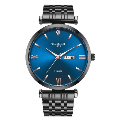 WLISTH montre en acier avec double calendrier papillon double bouton