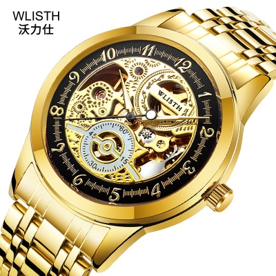 WLISTH montres pour les hommes doré entièrement automatique design creux mécanique