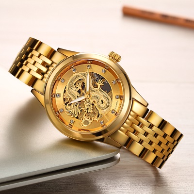 WLISTH montres pour les hommes doré cadran dragon entièrement automatique mécanique imperméable